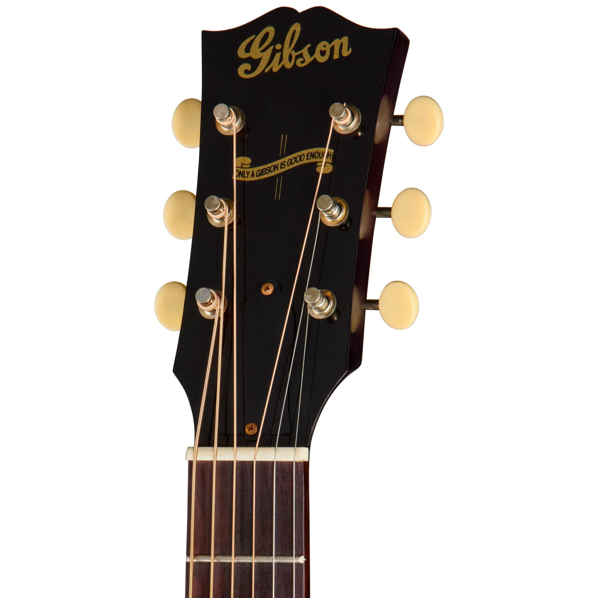 Đàn guitar acoustic Gibson 1942 Banner J-45 Reissue màu Ultra Light Aged Vintage Sunburst – cận đầu đàn và logo Gibson