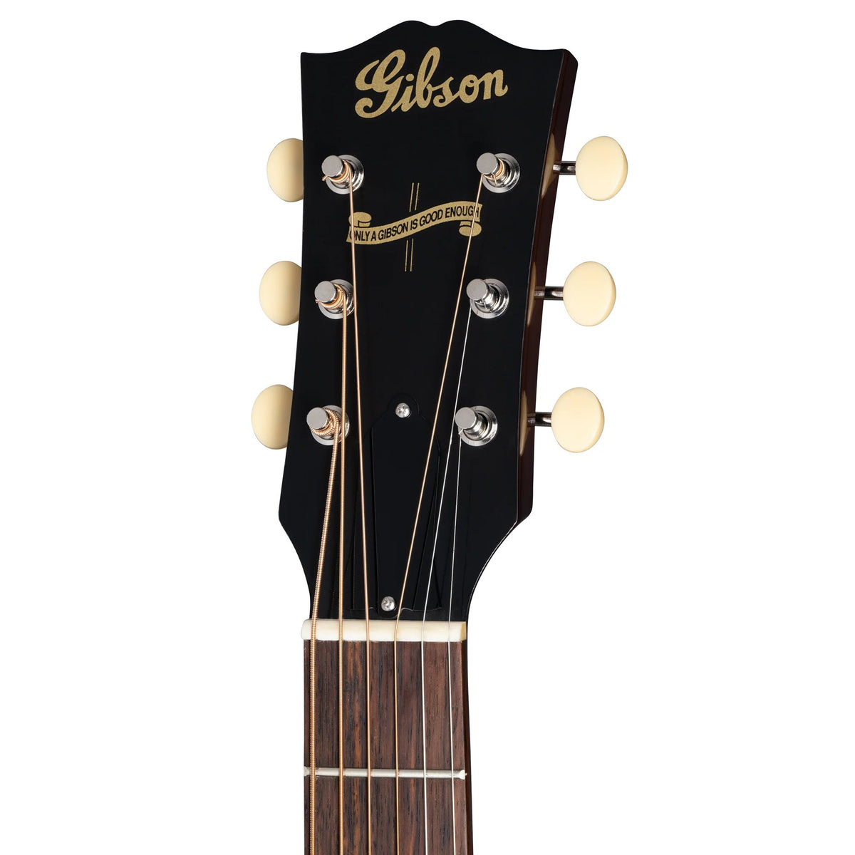 Đàn guitar acoustic Gibson 1942 Banner J-45 Reissue màu Vintage Sunburst – cận đầu đàn và logo Gibson