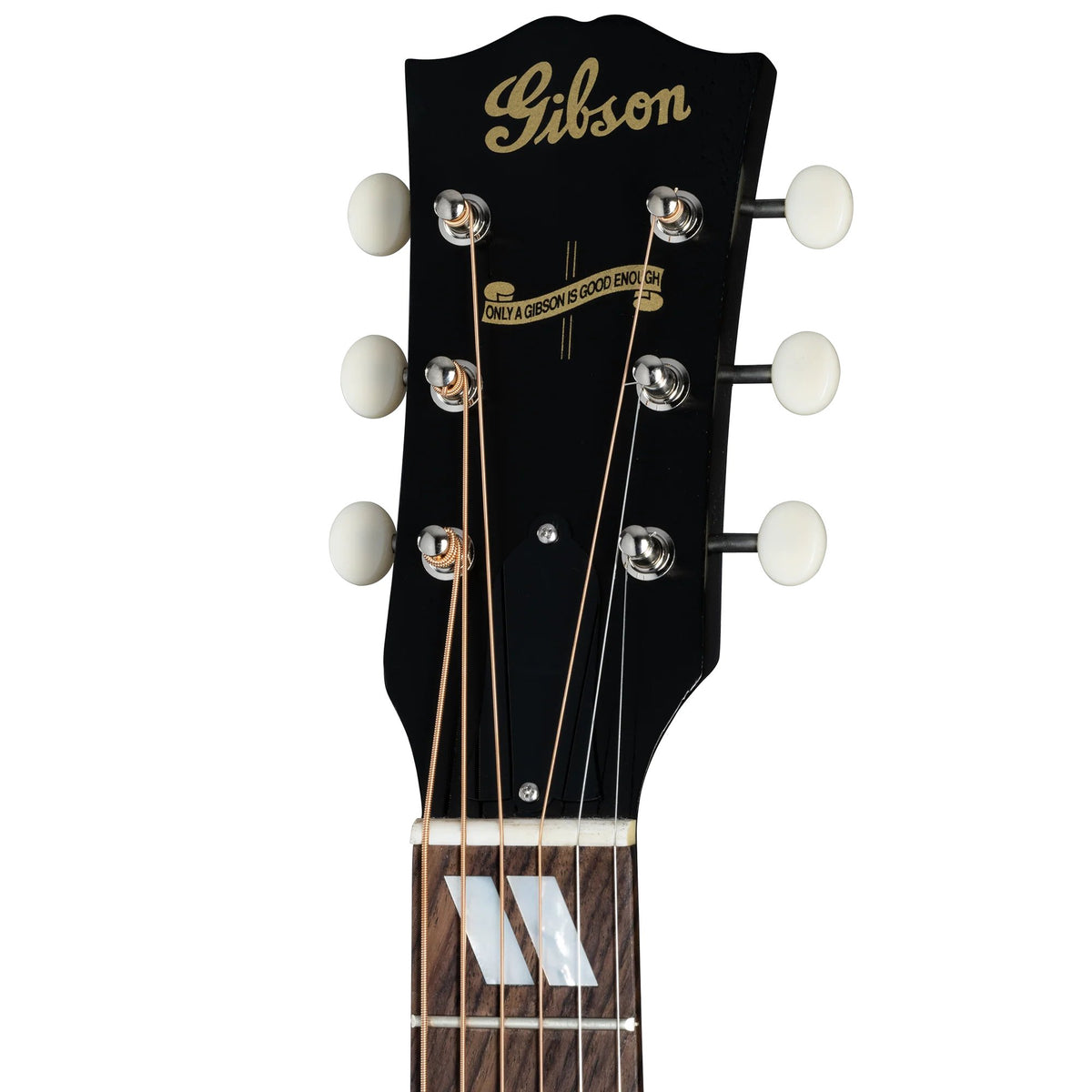 Đàn guitar acoustic Gibson 1942 Banner Southern Jumbo Reissue màu Vintage Sunburst – cận đầu đàn và logo Gibson