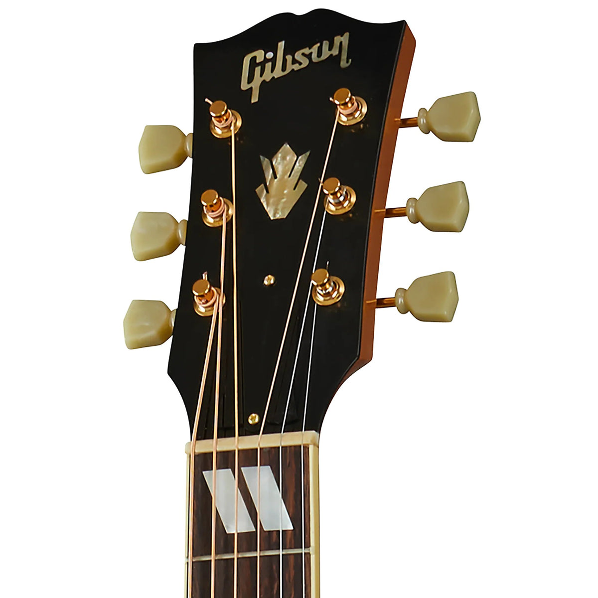 Đàn guitar acoustic Gibson 1952 J-185 Reissue màu Antique Natural – cận đầu đàn và logo Gibson