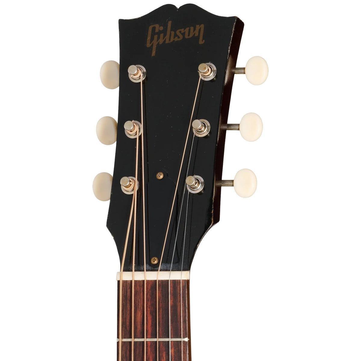 Đàn guitar acoustic Gibson 1955 J-45 màu Light Aged Vintage Sunburst – cận đầu đàn và logo Gibson