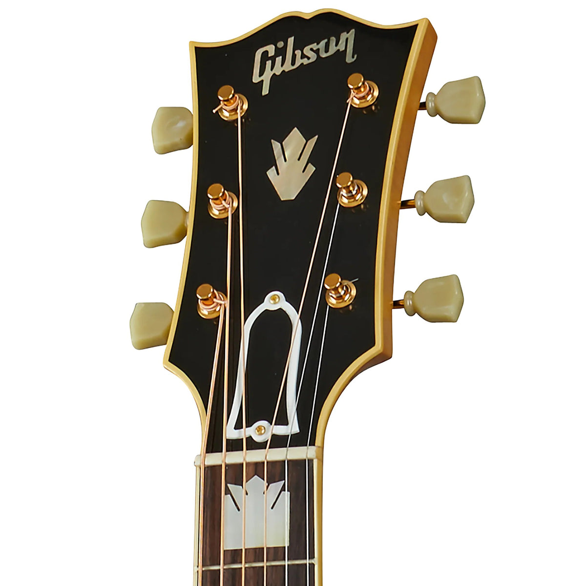 Đàn guitar acoustic Gibson 1957 SJ-200 màu Antique Natural – cận đầu đàn và logo Gibson