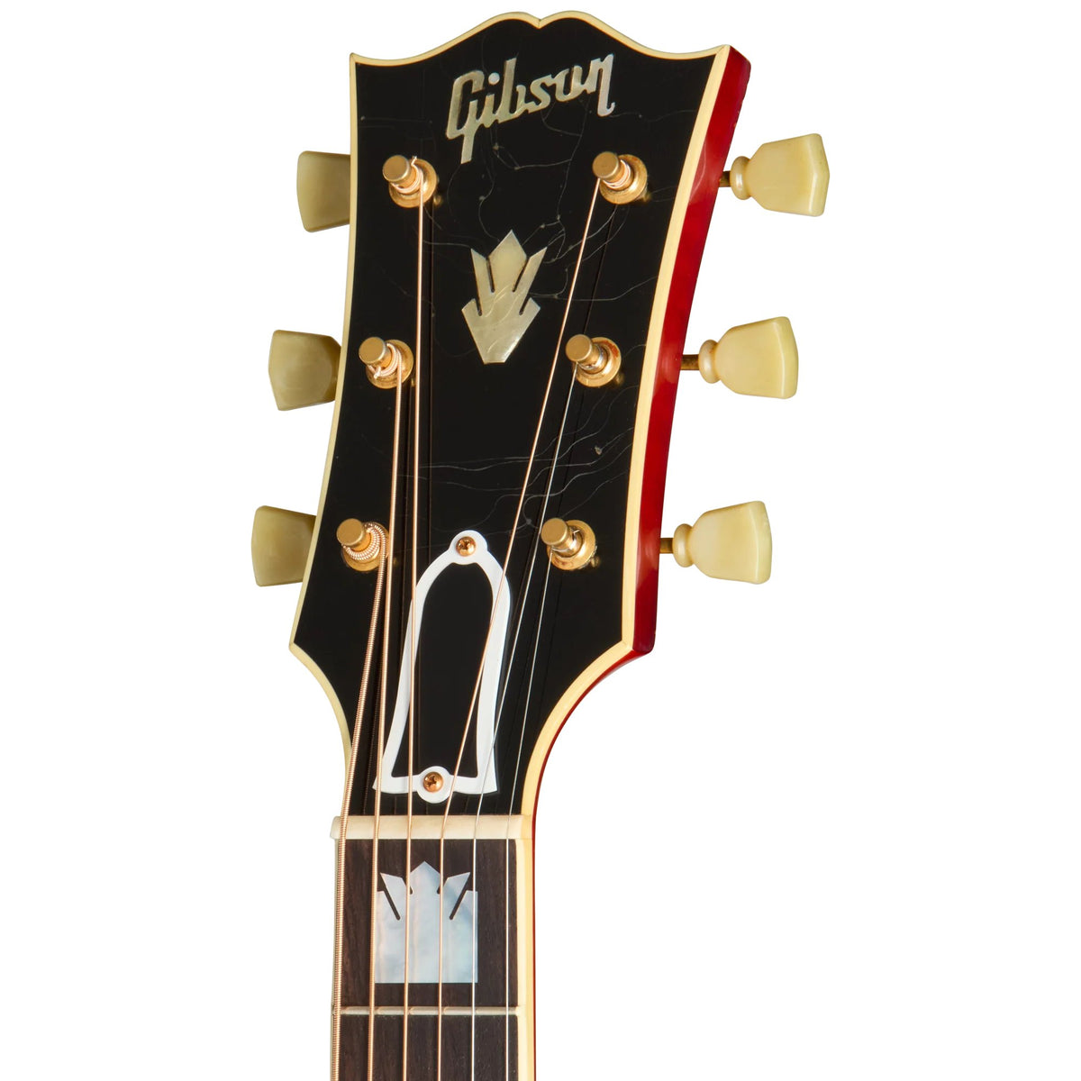 Đàn guitar acoustic Gibson 1957 SJ-200 màu Light Aged Antique Natural Cherry – cận đầu đàn và logo Gibson
