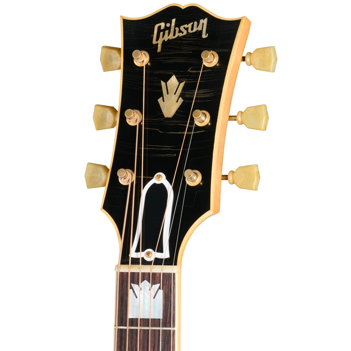Đàn guitar acoustic Gibson 1957 SJ-200 màu Light Aged Dark Natural – cận đầu đàn và logo Gibson