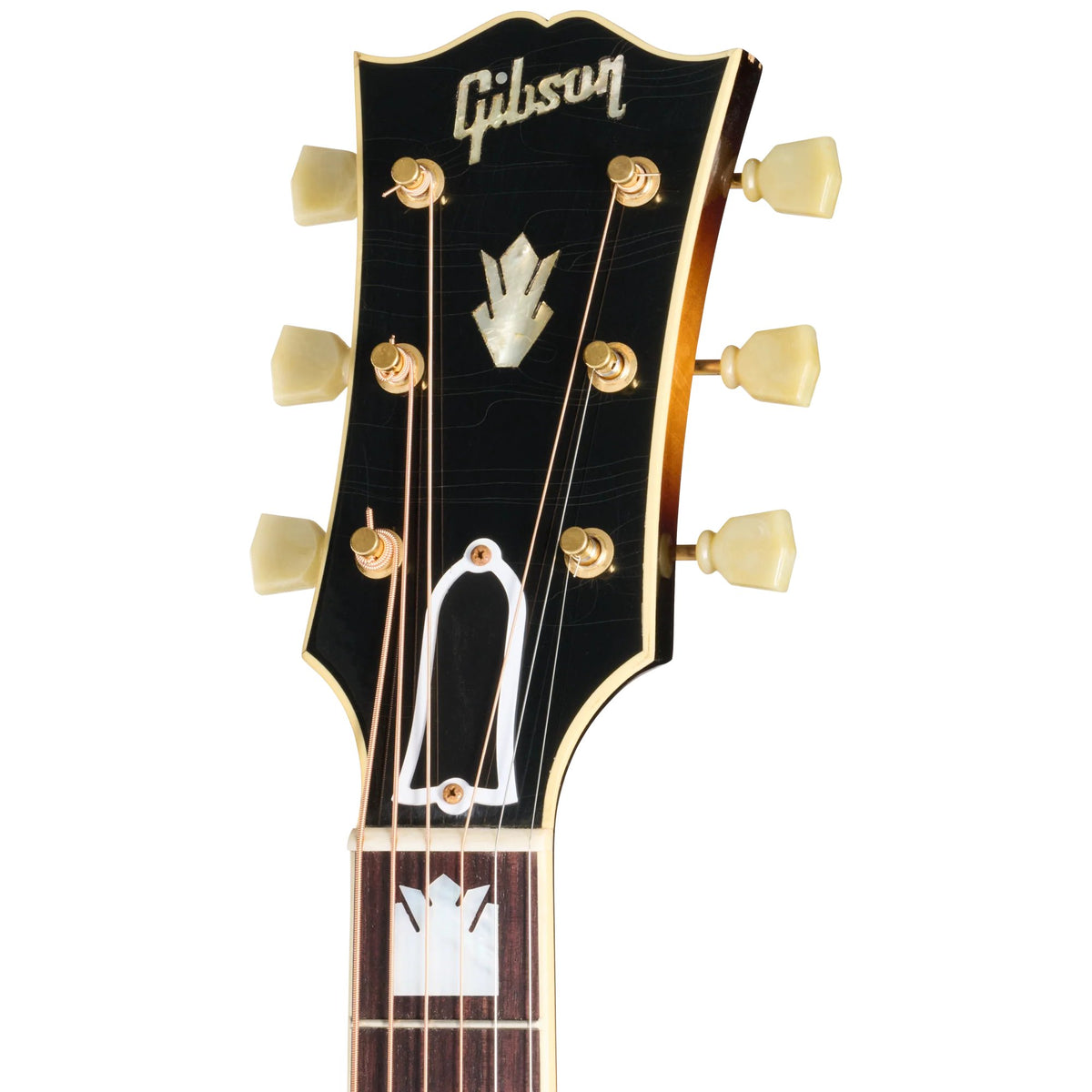Đàn guitar acoustic Gibson 1957 SJ-200 màu Light Aged Vintage Sunburst – cận đầu đàn và logo Gibson