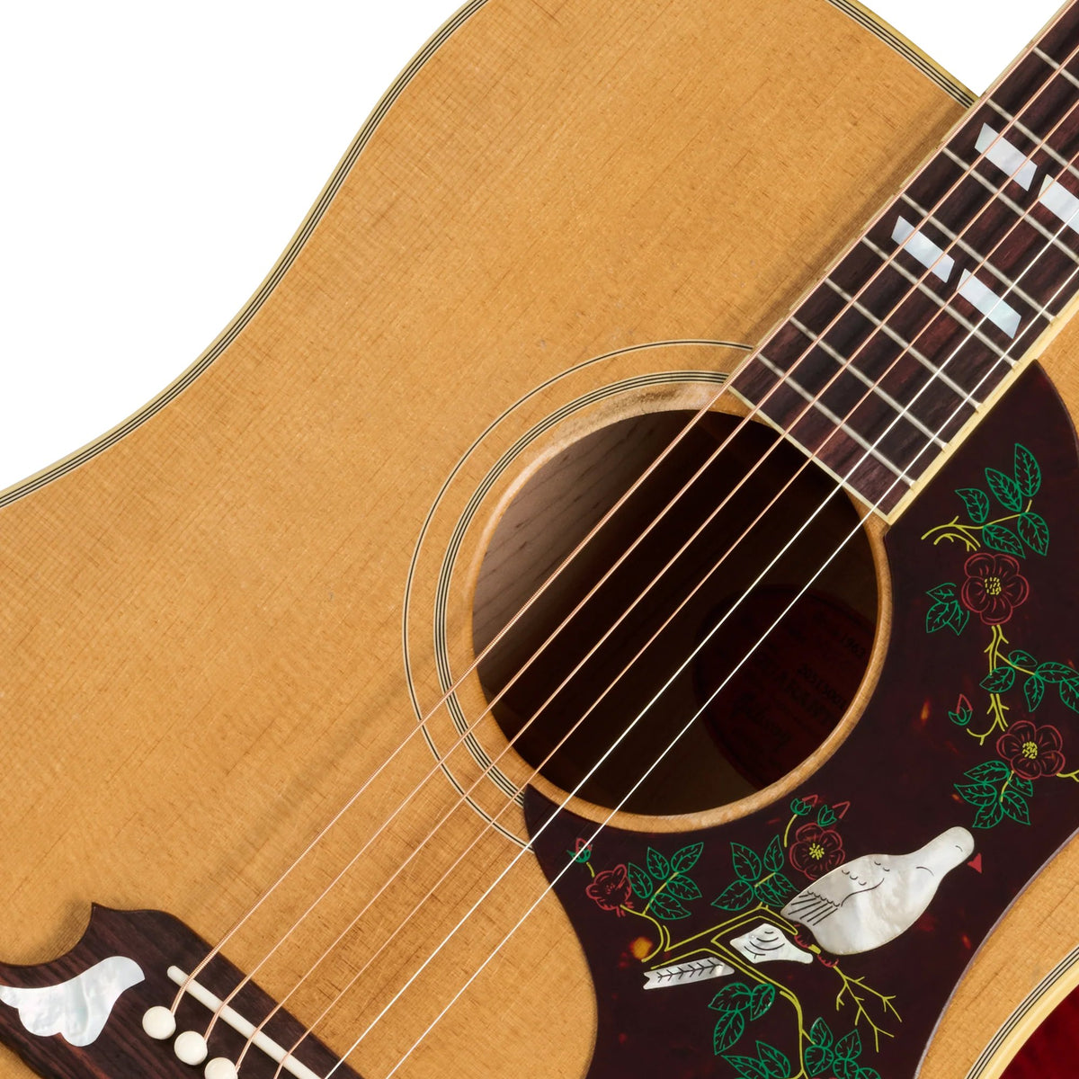 Đàn guitar acoustic Gibson 1963 Dove màu Light Aged Dark Natural – cận hoa văn viền lỗ thoát âm (rosette)