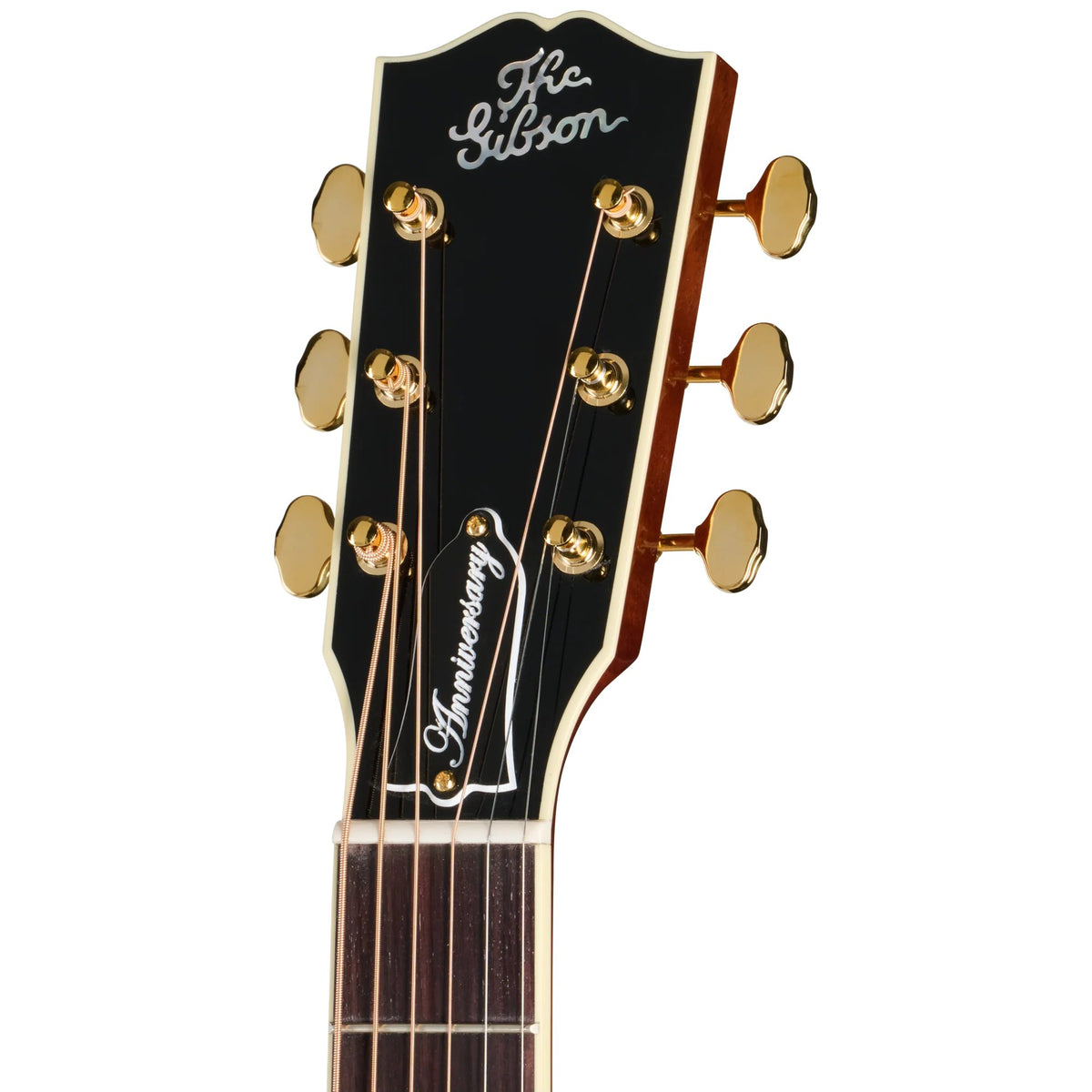 Đàn guitar acoustic Gibson Advanced Jumbo Anniversary Limited Edition màu Cremona Burst – cận đầu đàn và logo Gibson