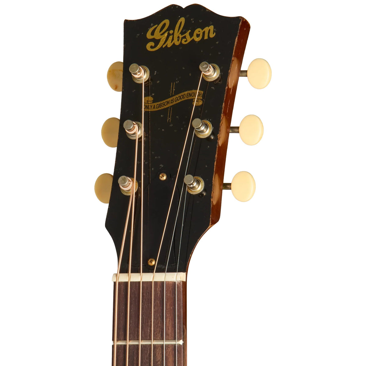 Đàn guitar acoustic Gibson Custom 1942 Banner LG-2 màu Heavy Aged Dark Tobacco Burst – cận đầu đàn và logo Gibson