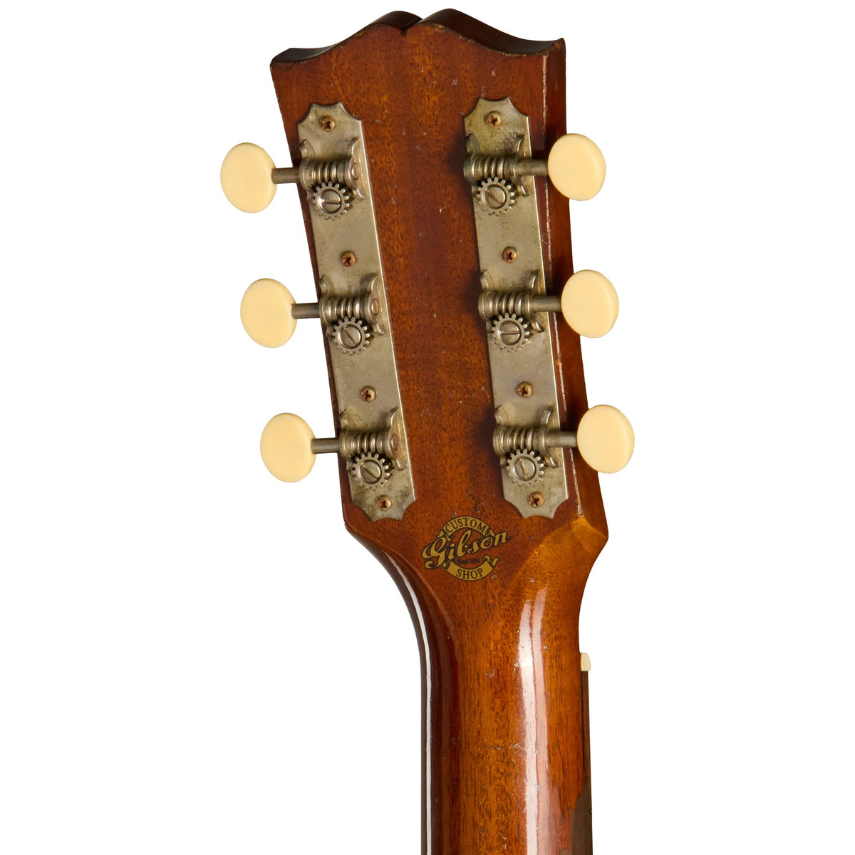 Đàn guitar acoustic Gibson Custom 1942 Banner LG-2 màu Heavy Aged Dark Tobacco Burst – mặt sau đầu đàn và bộ khóa lên dây
