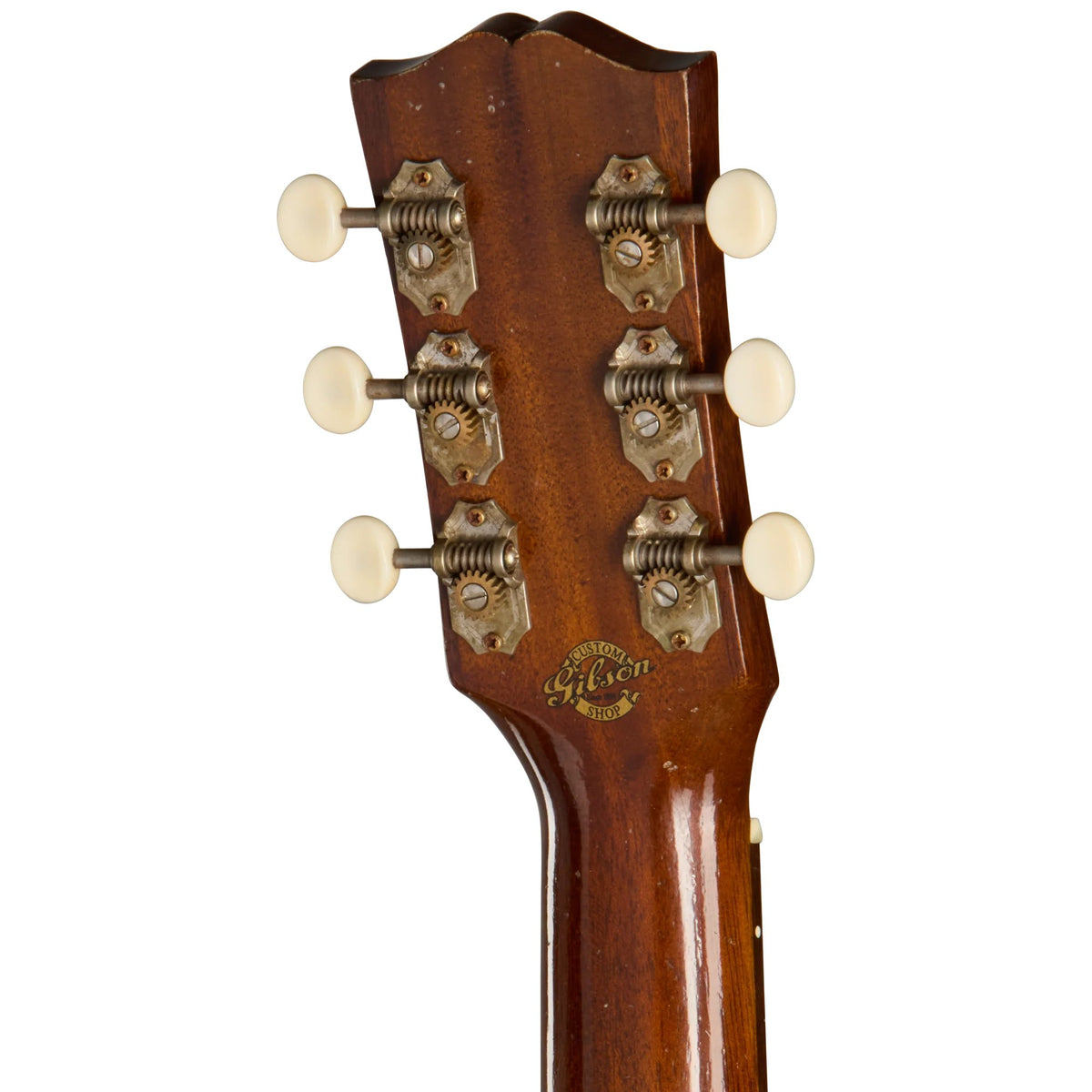 Đàn guitar acoustic Gibson Custom 1942 Banner Southern Jumbo Ebony Top màu Light Aged Ebony Top – mặt sau đầu đàn và bộ khóa lên dây