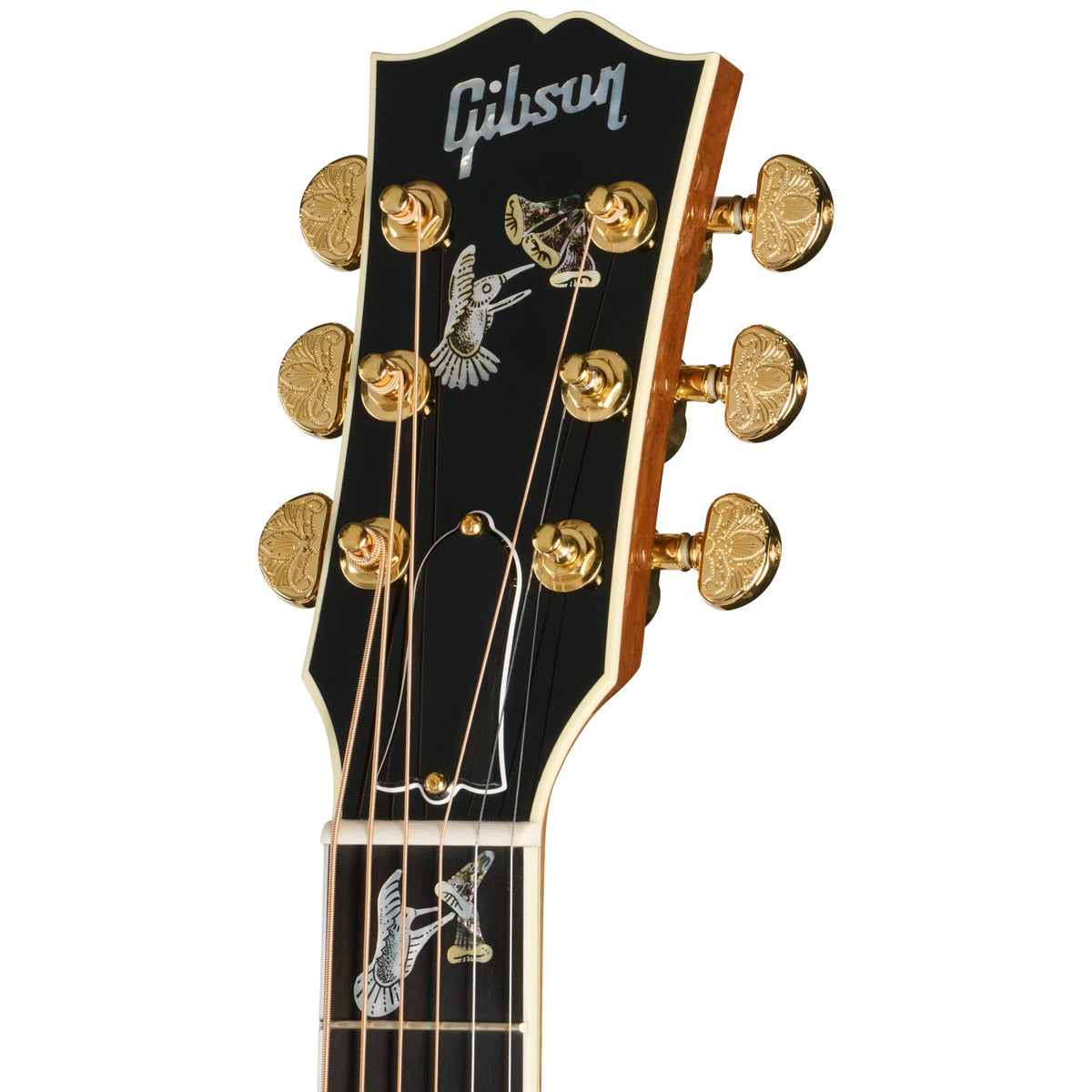 Đàn guitar acoustic Gibson Custom Hummingbird Custom Koa màu Antique Natural – cận đầu đàn và logo Gibson