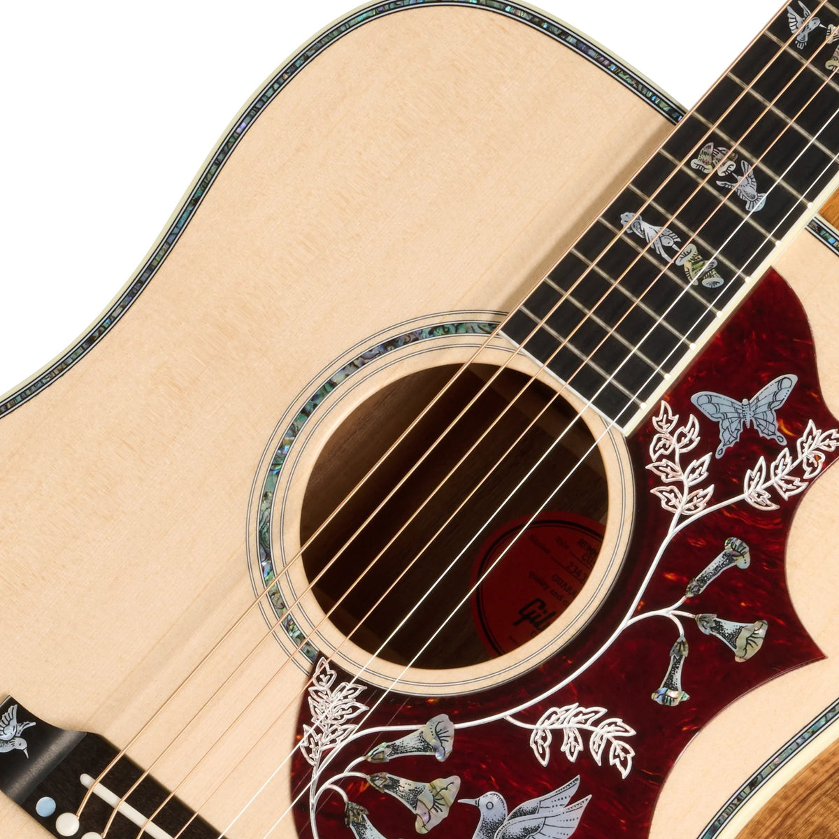 Đàn guitar acoustic Gibson Custom Hummingbird Custom Koa màu Antique Natural – cận hoa văn viền lỗ thoát âm (rosette)
