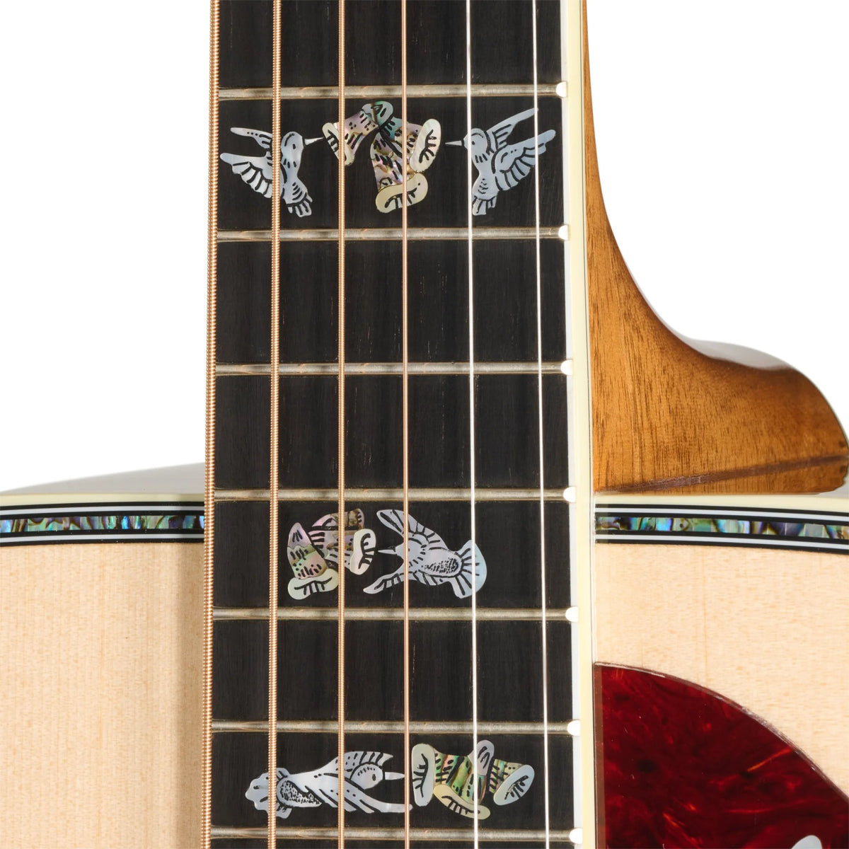 Đàn guitar acoustic Gibson Custom Hummingbird Custom Koa màu Antique Natural – cận inlay trên mặt phím (góc 2)