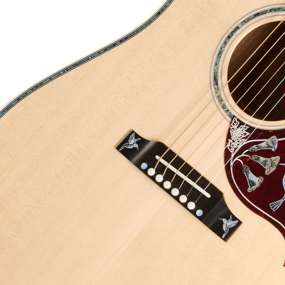Đàn guitar acoustic Gibson Custom Hummingbird Custom Koa màu Antique Natural – cận lỗ thoát âm và ngựa đàn