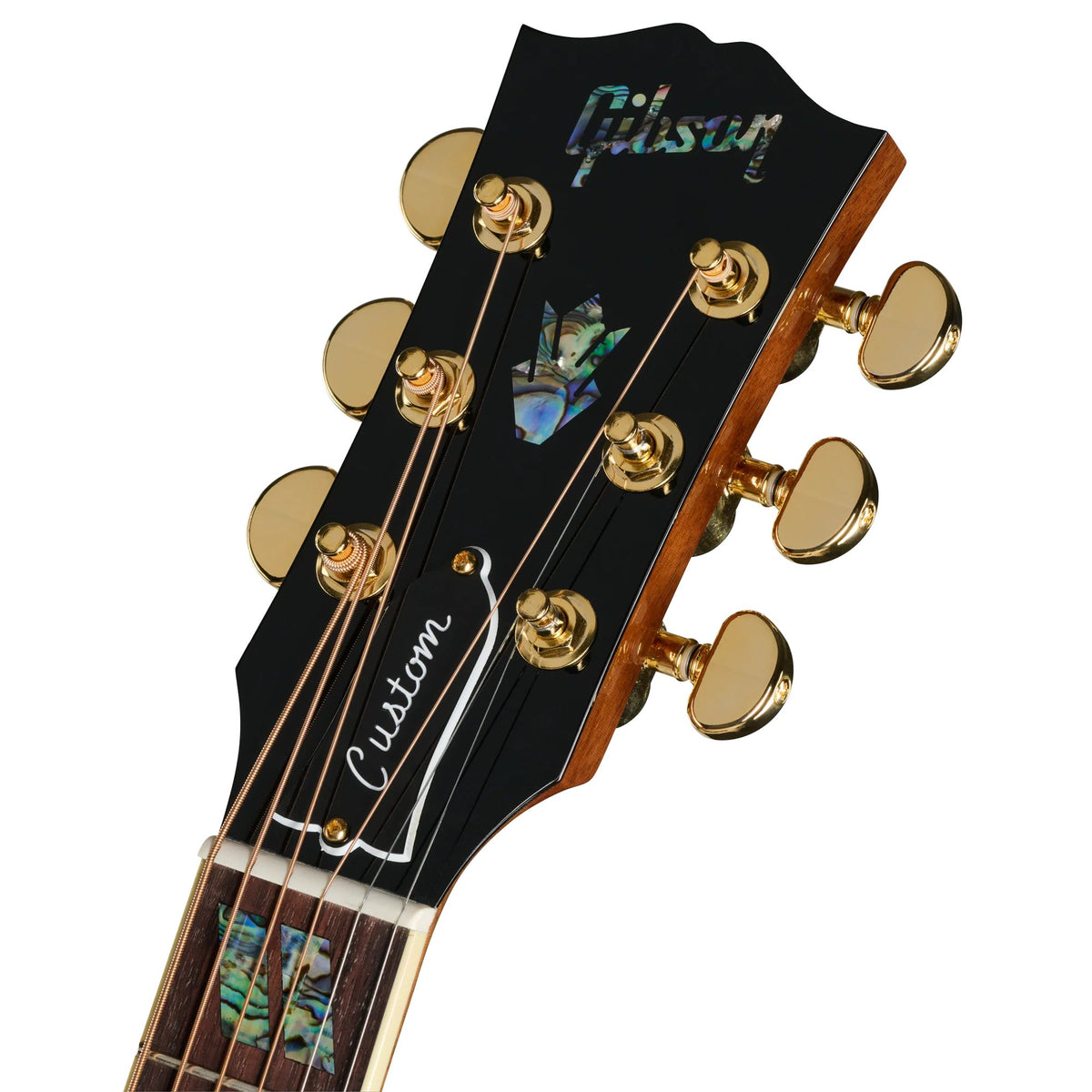 Đàn guitar acoustic Gibson Custom Hummingbird Elegant Koa màu Honey Burst – cận đầu đàn và logo Gibson (góc 2)
