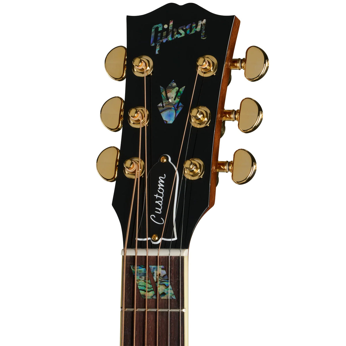 Đàn guitar acoustic Gibson Custom Hummingbird Elegant Koa màu Honey Burst – cận đầu đàn và logo Gibson