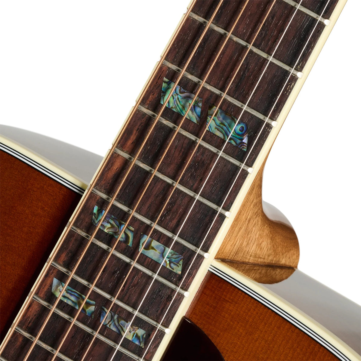 Đàn guitar acoustic Gibson Custom Hummingbird Elegant Koa màu Honey Burst – cận inlay trên mặt phím (góc 2)