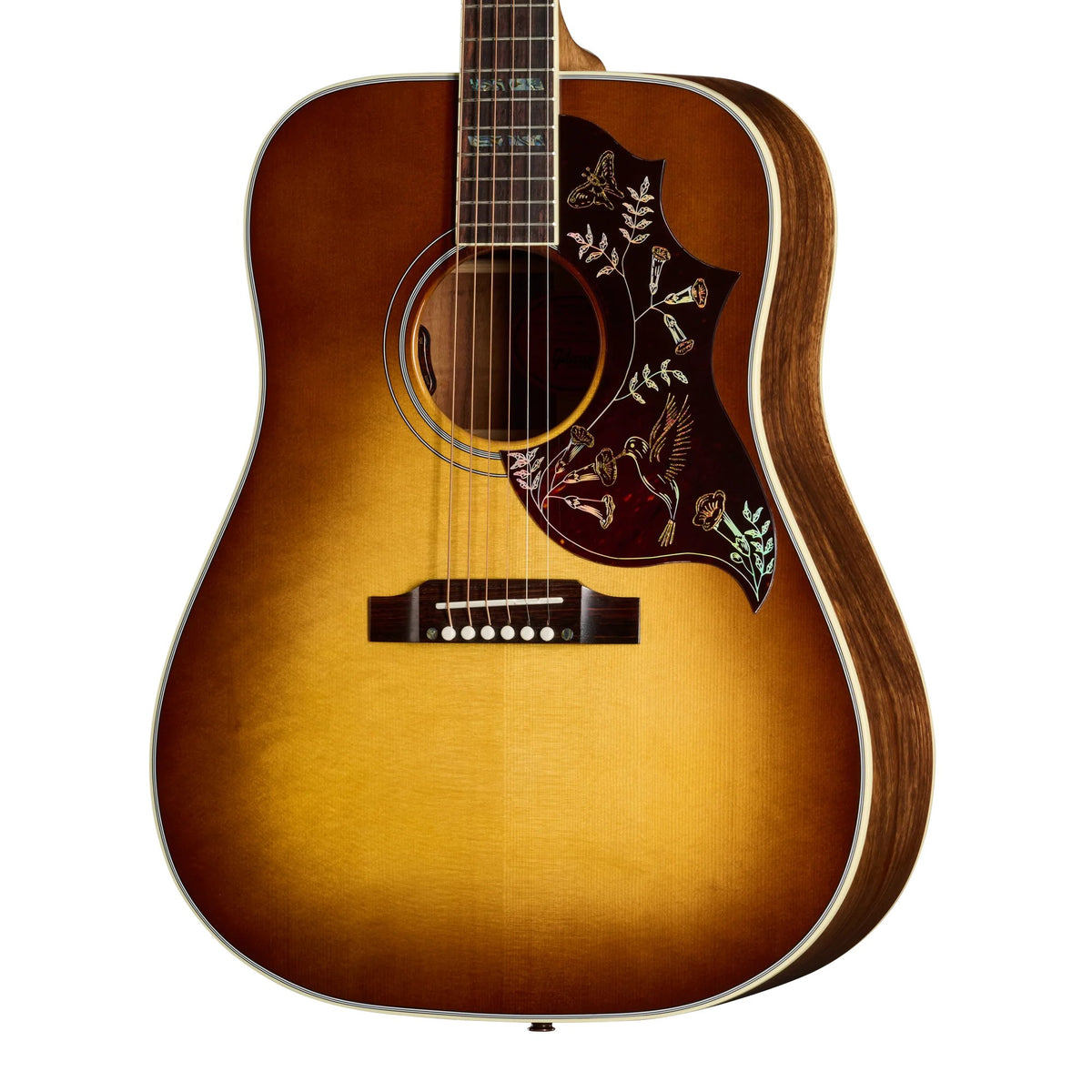 Đàn guitar acoustic Gibson Custom Hummingbird Elegant Koa màu Honey Burst – cận thùng đàn mặt trước