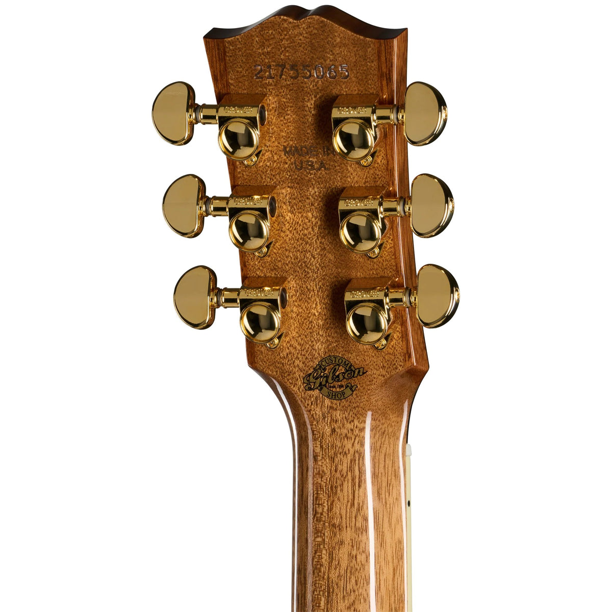 Đàn guitar acoustic Gibson Custom Hummingbird Elegant Koa màu Honey Burst – mặt sau đầu đàn và bộ khóa lên dây