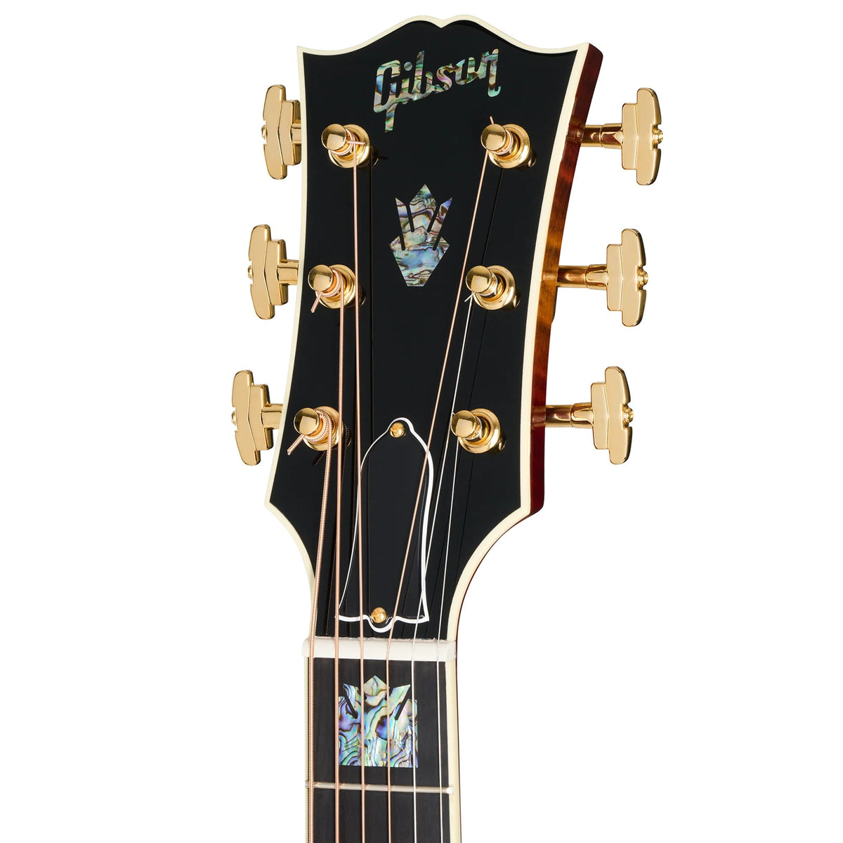 Đàn guitar acoustic Gibson Custom SJ-200 5A Maple màu Wildfire Burst – cận đầu đàn và logo Gibson