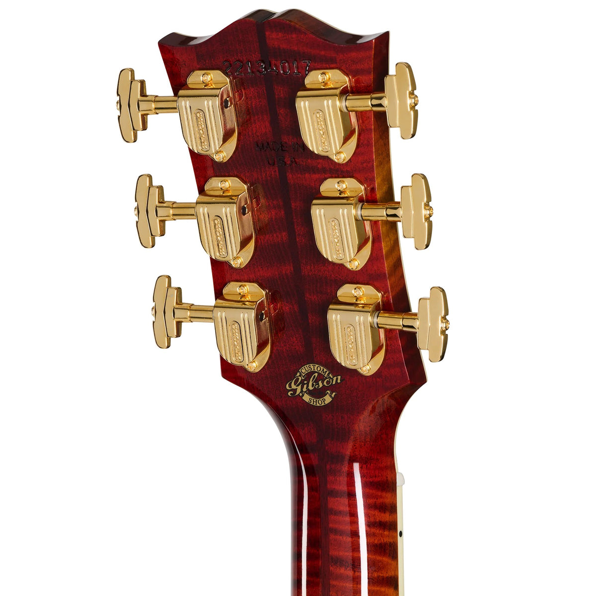 Đàn guitar acoustic Gibson Custom SJ-200 5A Maple màu Wildfire Burst – mặt sau đầu đàn và bộ khóa lên dây