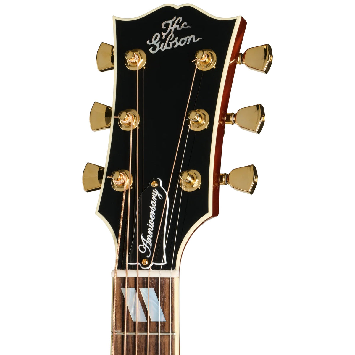 Đàn guitar acoustic Gibson Dove Anniversary Limited Edition màu Cremona Burst – cận đầu đàn và logo Gibson