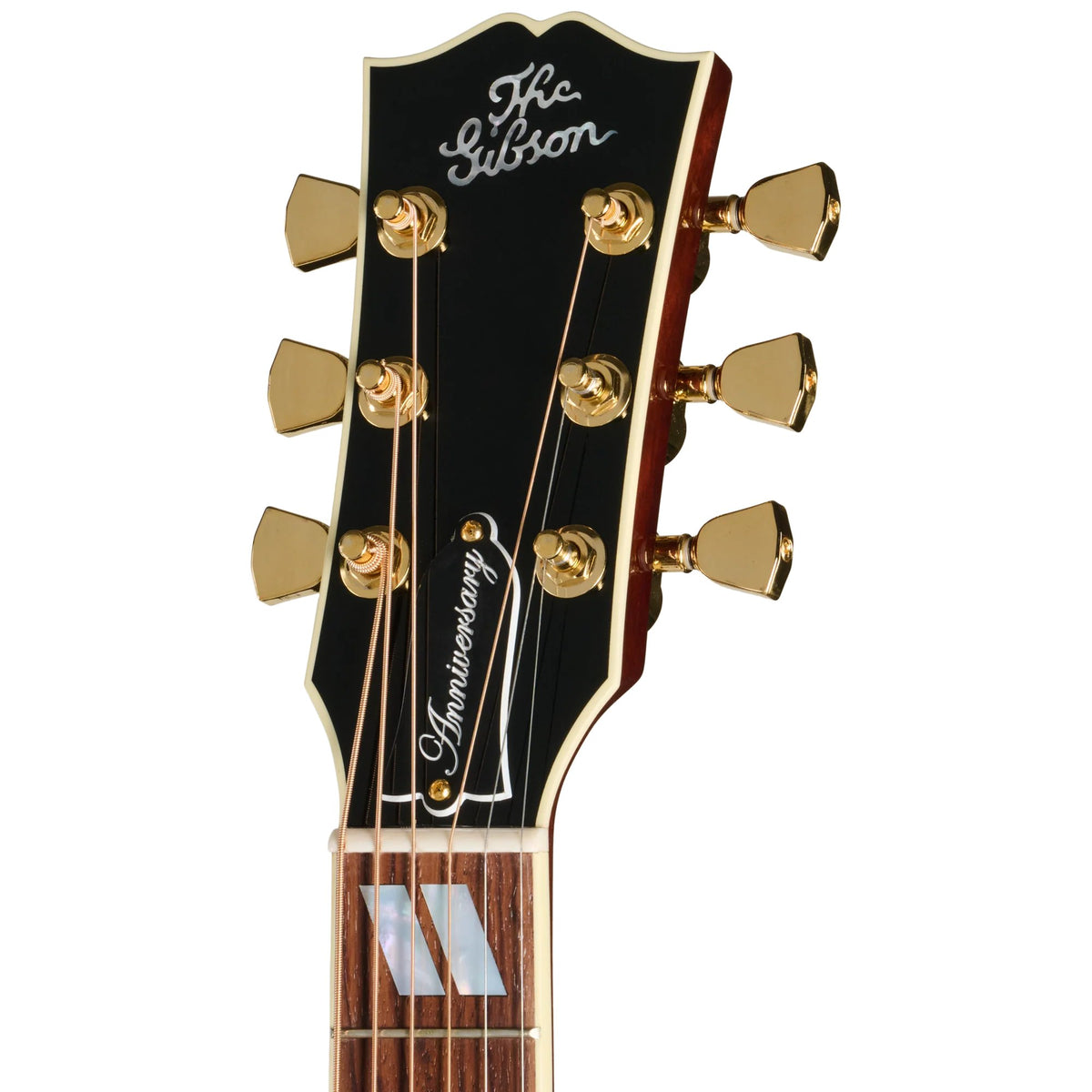 Đàn guitar acoustic Gibson Hummingbird Anniversary Limited Edition màu Cremona Burst – cận đầu đàn và logo Gibson