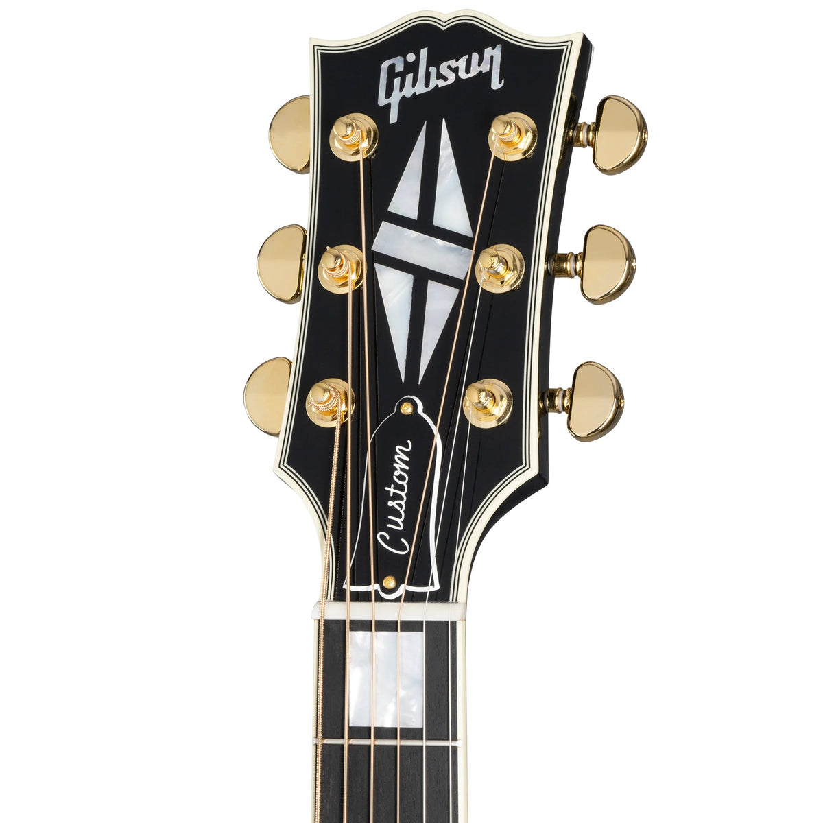 Đàn guitar acoustic Gibson Hummingbird Custom màu Ebony – cận đầu đàn và logo Gibson