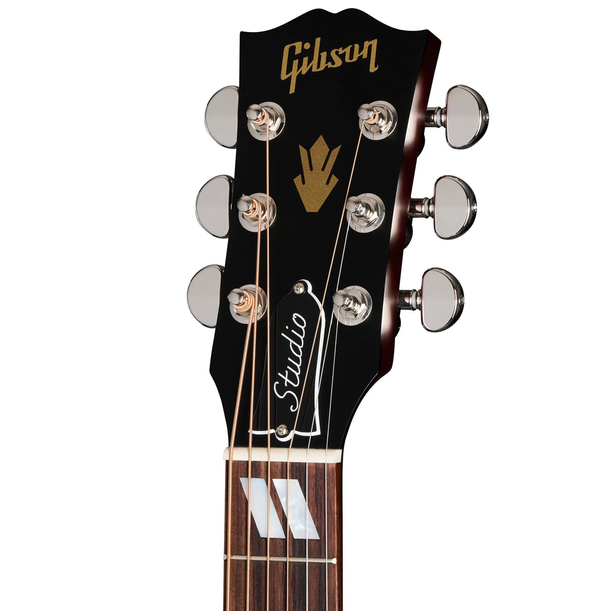 Đàn guitar acoustic Gibson Hummingbird Studio EC màu Tri-Burst Satin – cận đầu đàn và logo Gibson