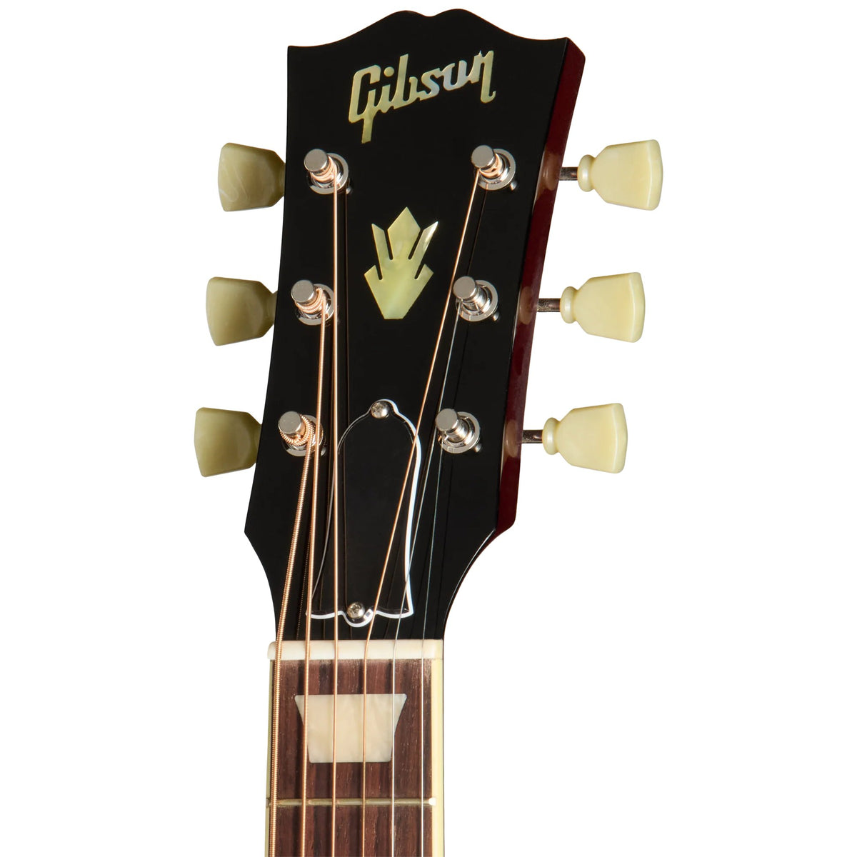 Đàn guitar acoustic Gibson J-160E Original màu Vintage Sunburst – cận đầu đàn và logo Gibson