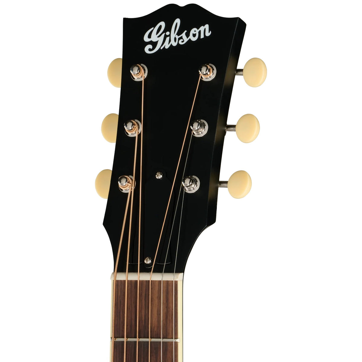 Đàn guitar acoustic Gibson J-185 Century 12-Fret màu Ebony – cận đầu đàn và logo Gibson