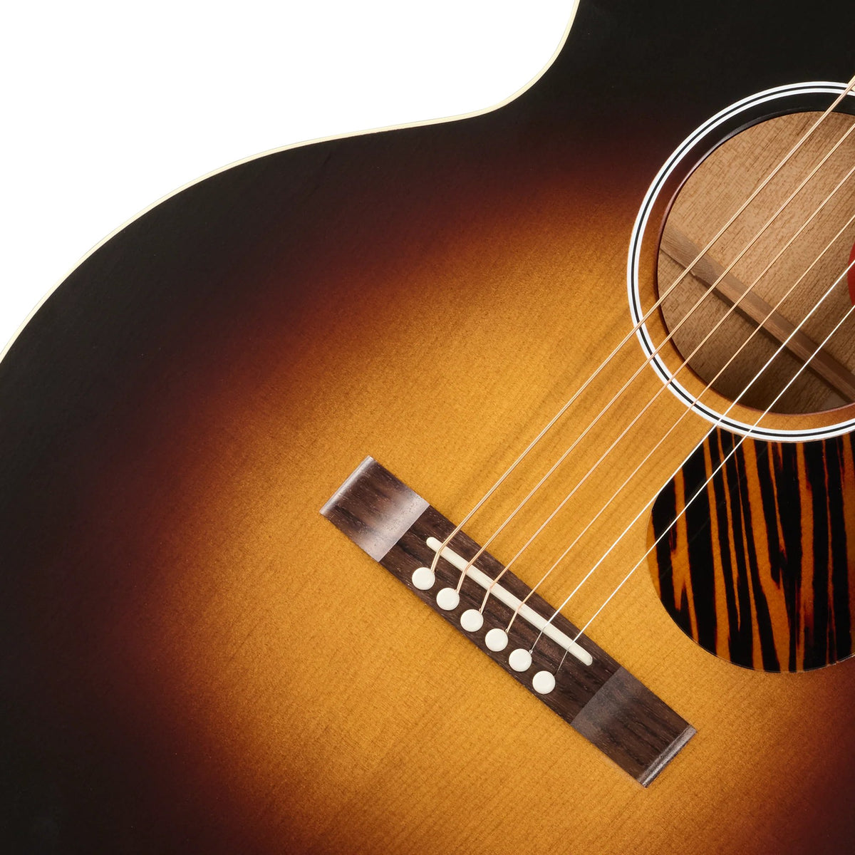 Đàn guitar acoustic Gibson J-185 Century 12-Fret màu Vintage Sunburst – cận lỗ thoát âm và ngựa đàn