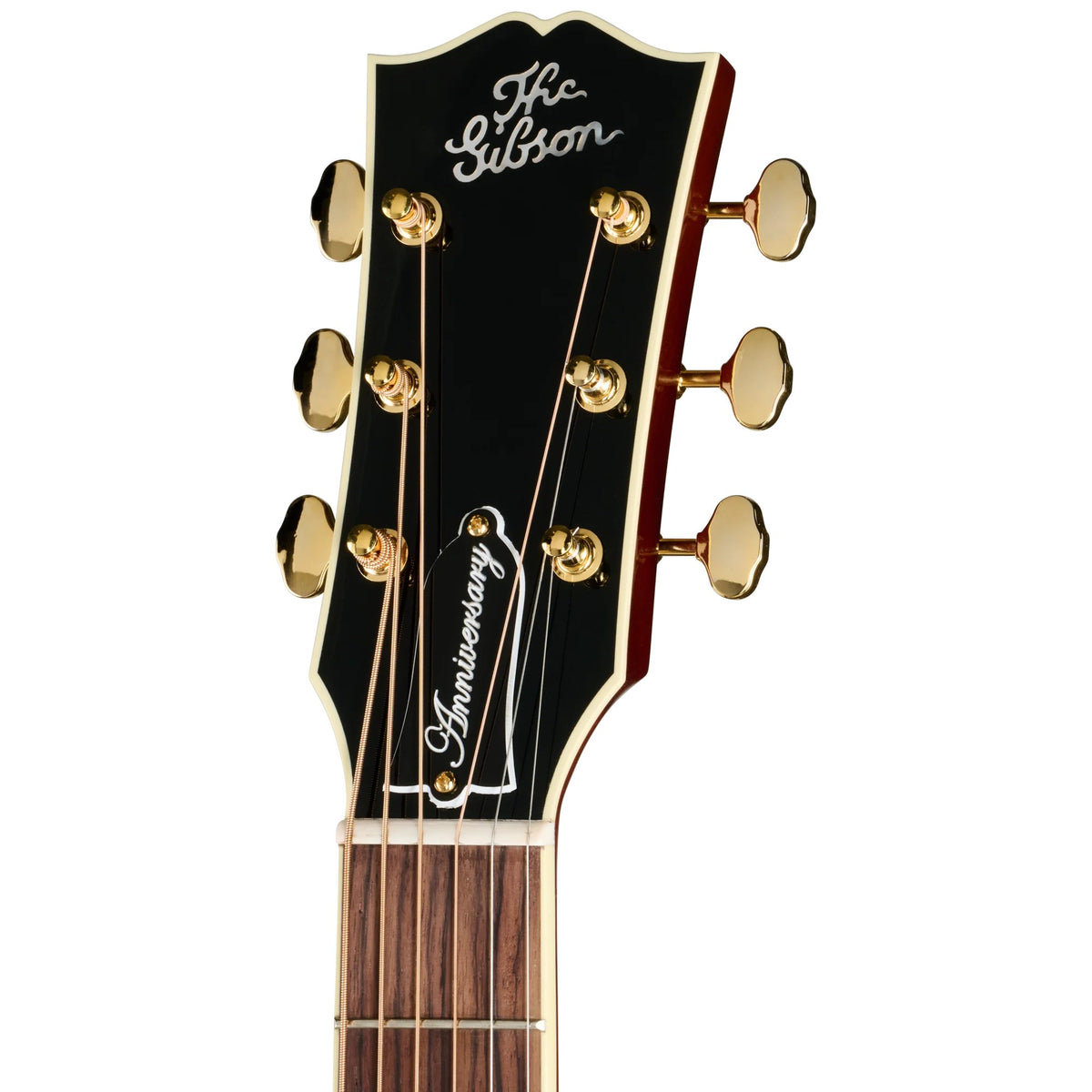 Đàn guitar acoustic Gibson J-45 Anniversary Limited Edition màu Cremona Burst – cận đầu đàn và logo Gibson