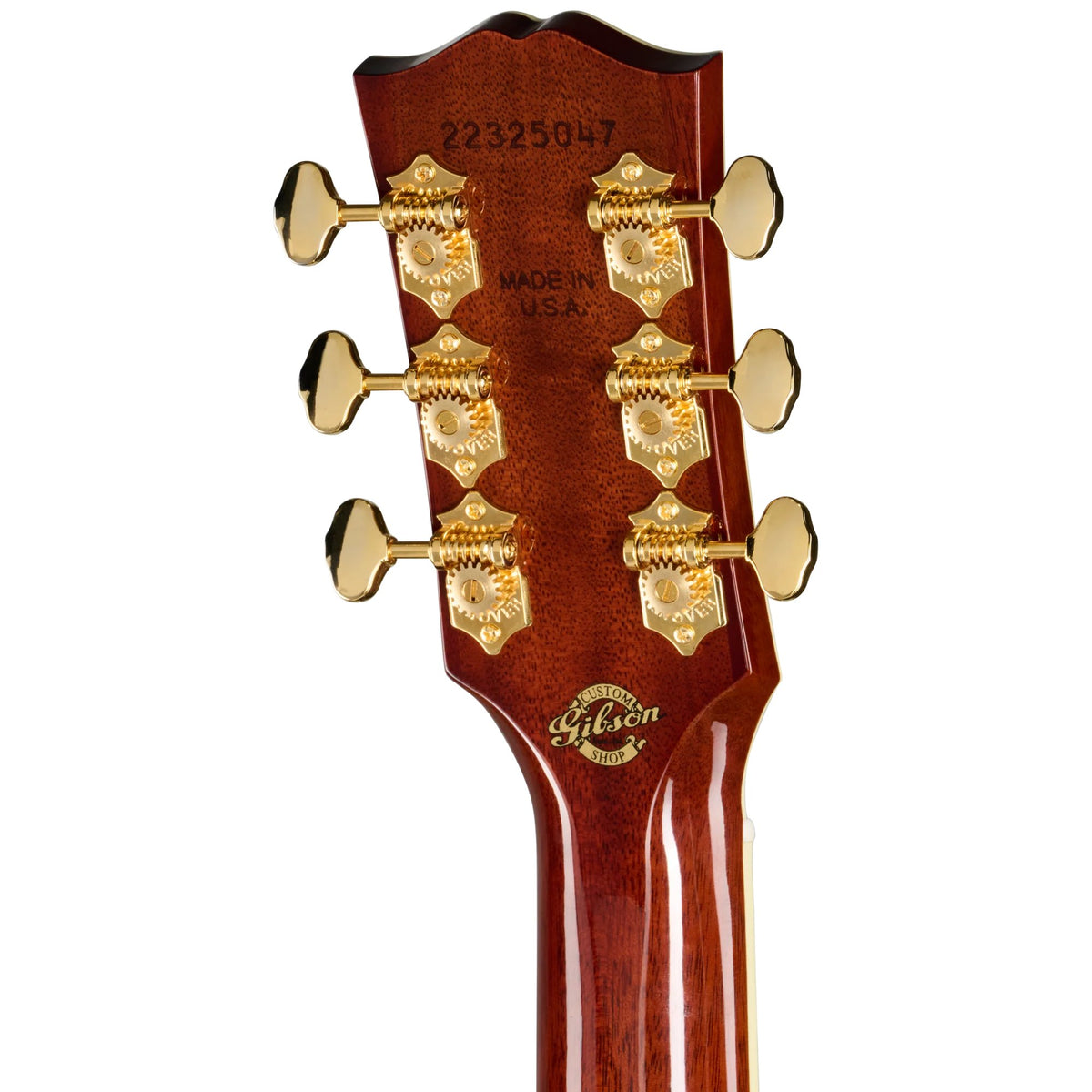 Đàn guitar acoustic Gibson J-45 Anniversary Limited Edition màu Cremona Burst – mặt sau đầu đàn và bộ khóa lên dây