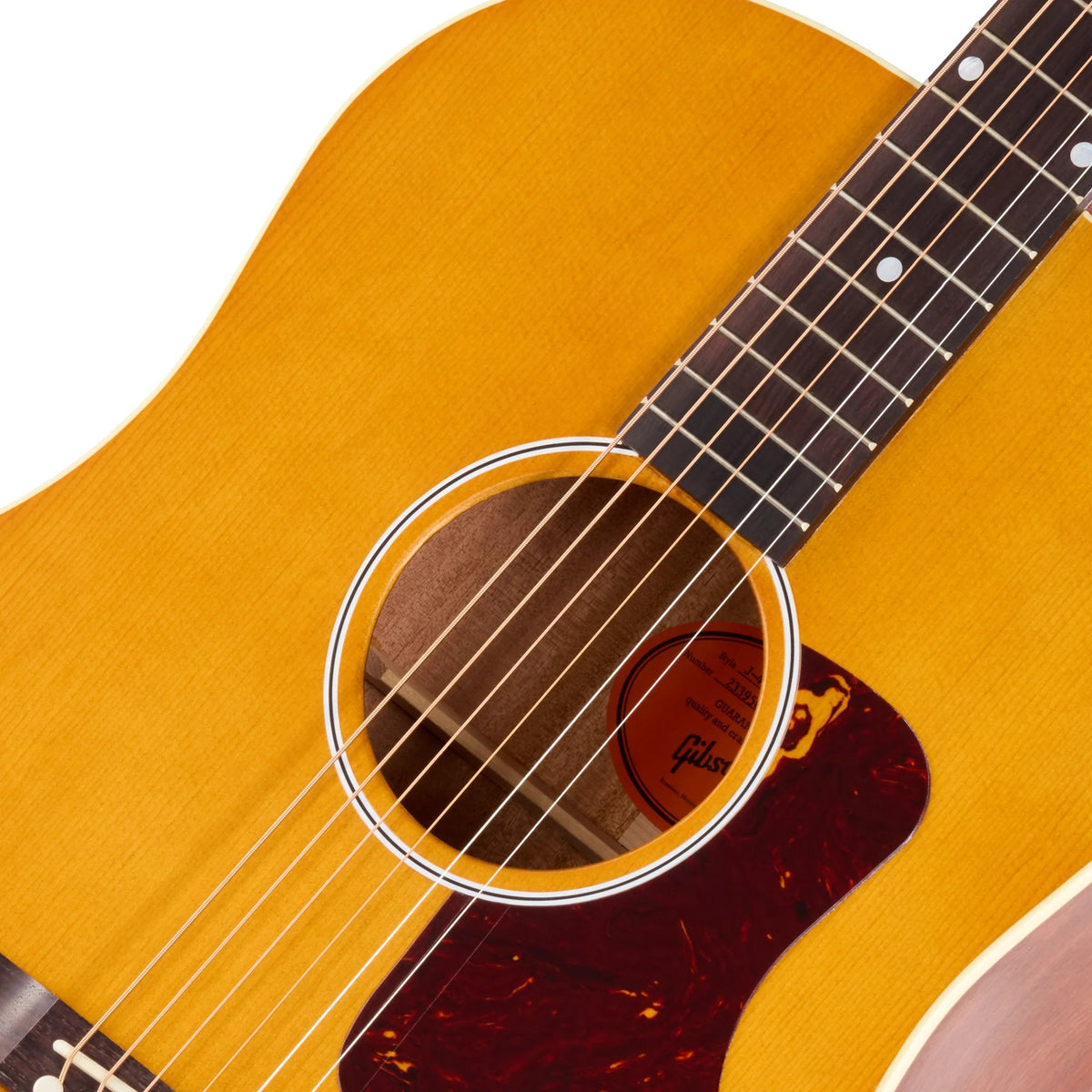 Đàn guitar acoustic Gibson J-45 Century 12-Fret màu Vintage Amber – cận hoa văn viền lỗ thoát âm (rosette)