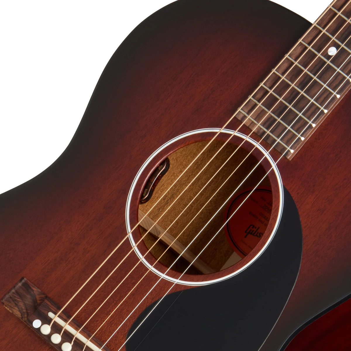 Đàn guitar acoustic Gibson LG-2 All Mahogany Faded màu Vintage Sunburst – cận hoa văn viền lỗ thoát âm (rosette)