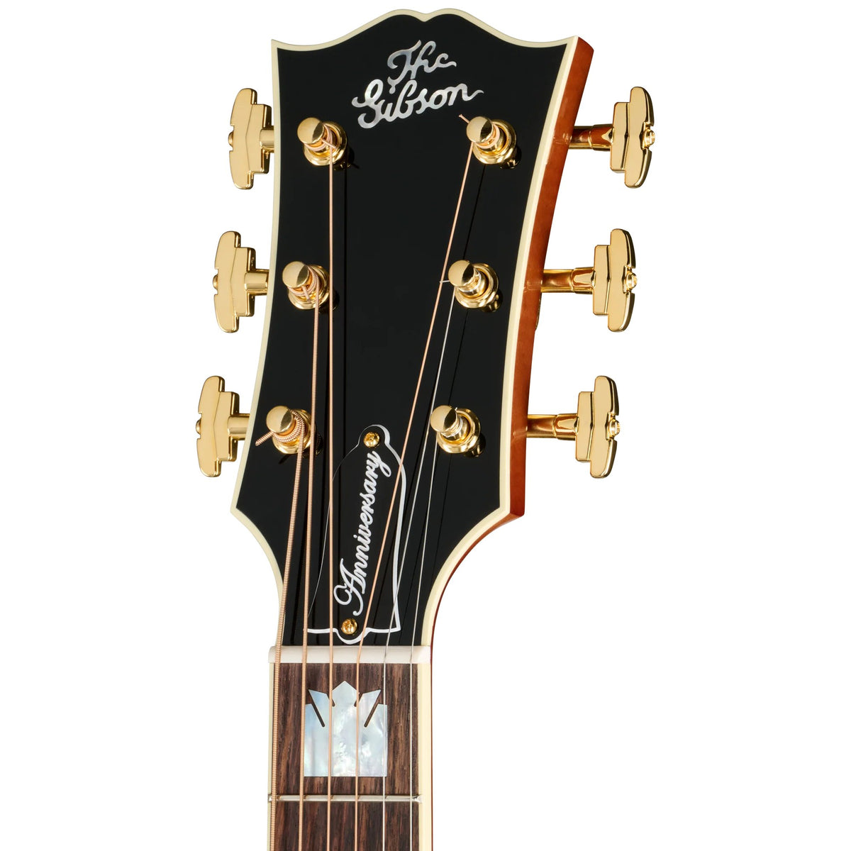 Đàn guitar acoustic Gibson SJ-200 Anniversary Limited Edition màu Cremona Burst – cận đầu đàn và logo Gibson