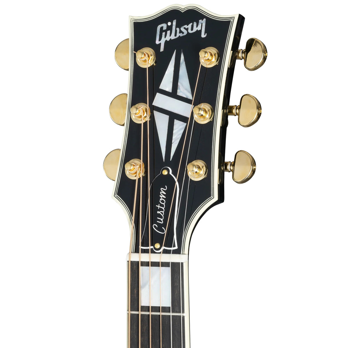 Đàn guitar acoustic Gibson SJ-200 Custom màu Ebony – cận đầu đàn và logo Gibson