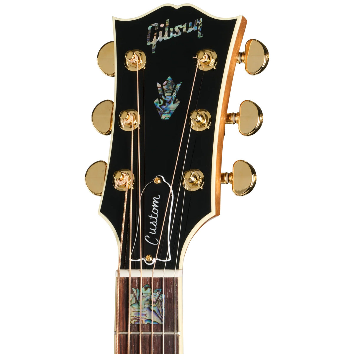 Đàn guitar acoustic Gibson SJ-200 Elegant Koa màu Honey Burst – cận đầu đàn và logo Gibson