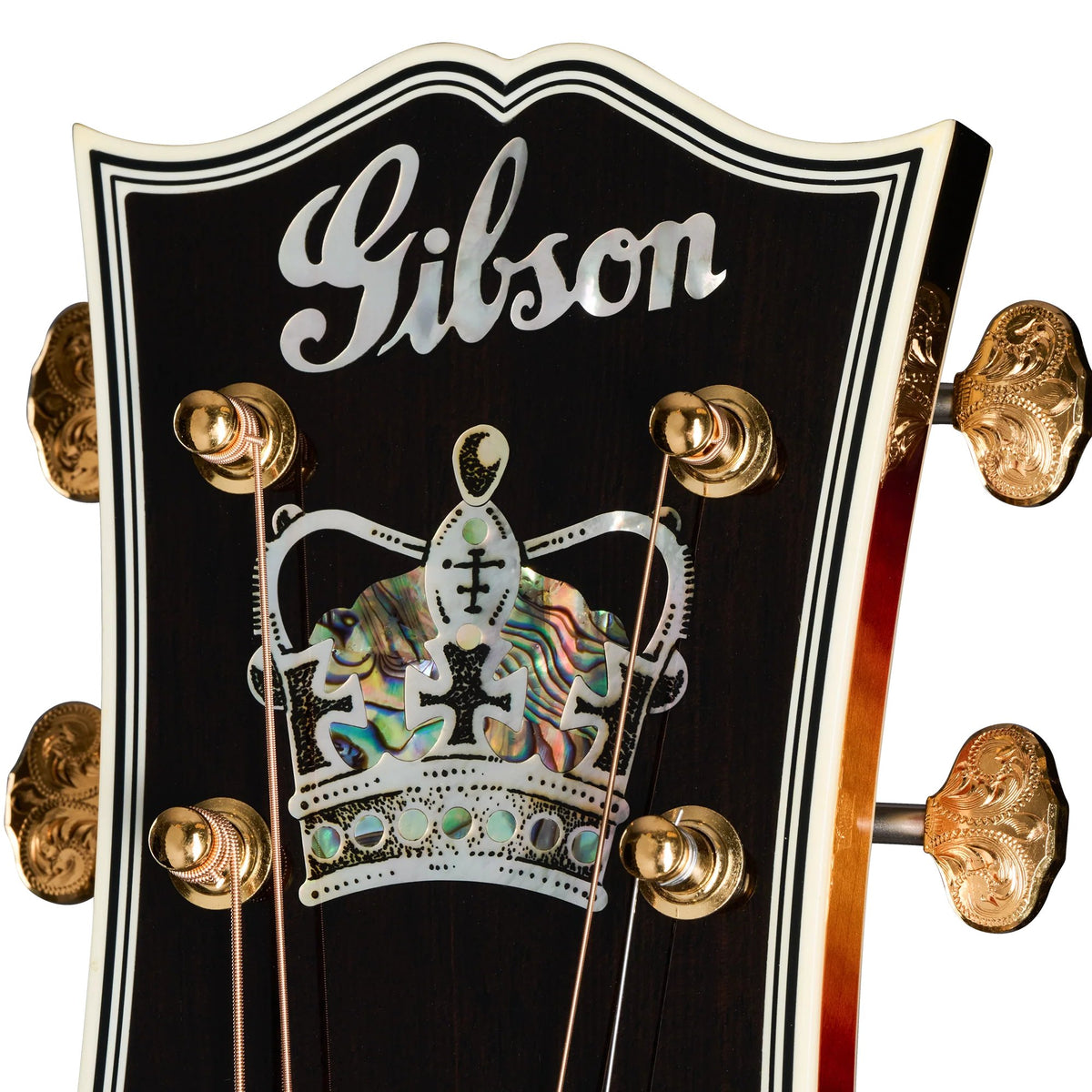 Đàn guitar acoustic Gibson SJ-200 Monarch Rosewood màu Tri-Burst – cận đầu đàn và logo Gibson (góc 2)