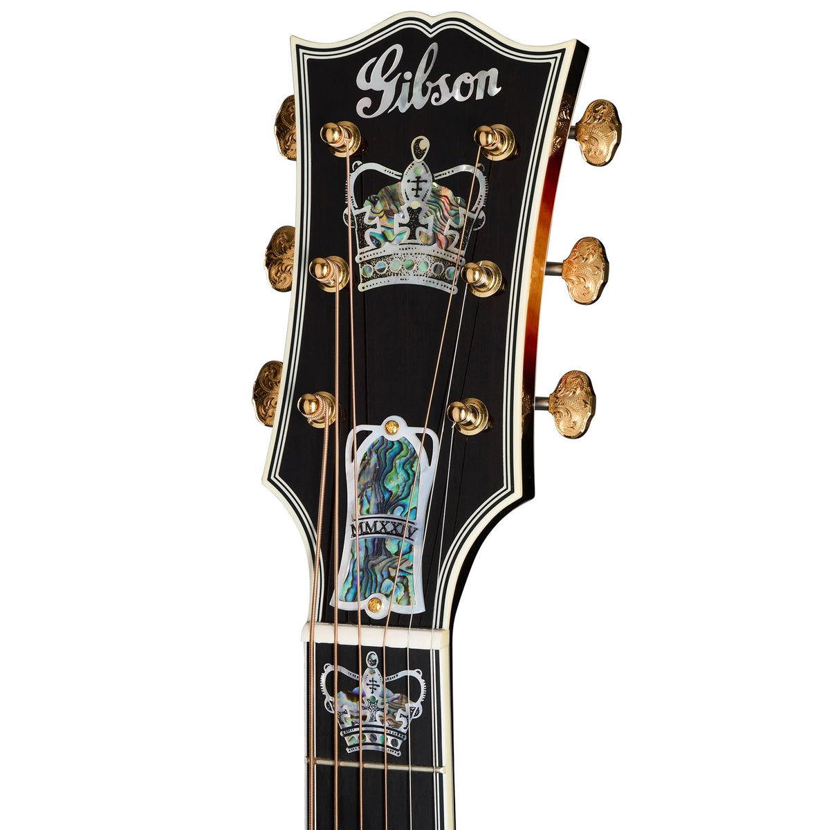 Đàn guitar acoustic Gibson SJ-200 Monarch Rosewood màu Tri-Burst – cận đầu đàn và logo Gibson