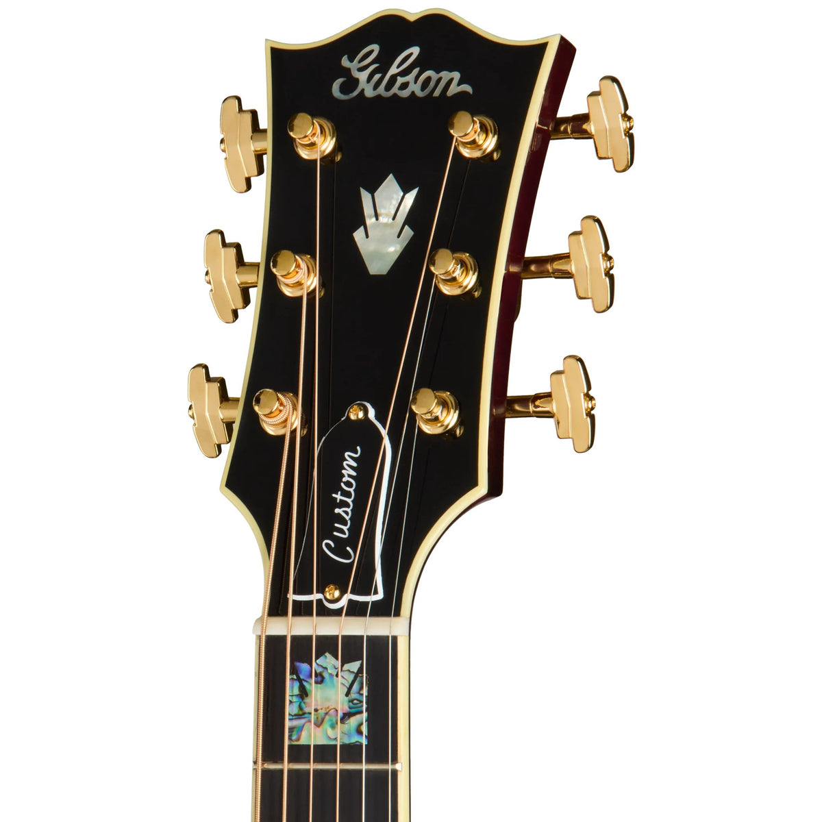 Đàn guitar acoustic Gibson SJ-200 Standard 3-Piece Back màu Merlot Burst – cận đầu đàn và logo Gibson