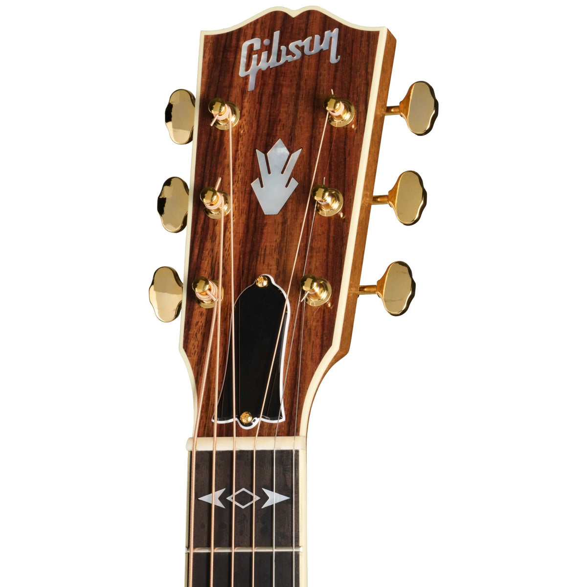 Đàn guitar acoustic Gibson Songwriter Recording Artist màu Antique Natural – cận đầu đàn và logo Gibson