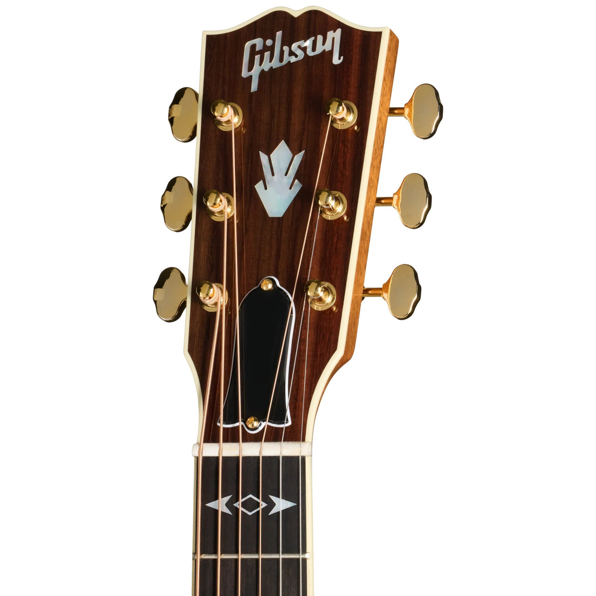 Đàn guitar acoustic Gibson Songwriter Recording Artist màu Rosewood Burst – cận đầu đàn và logo Gibson