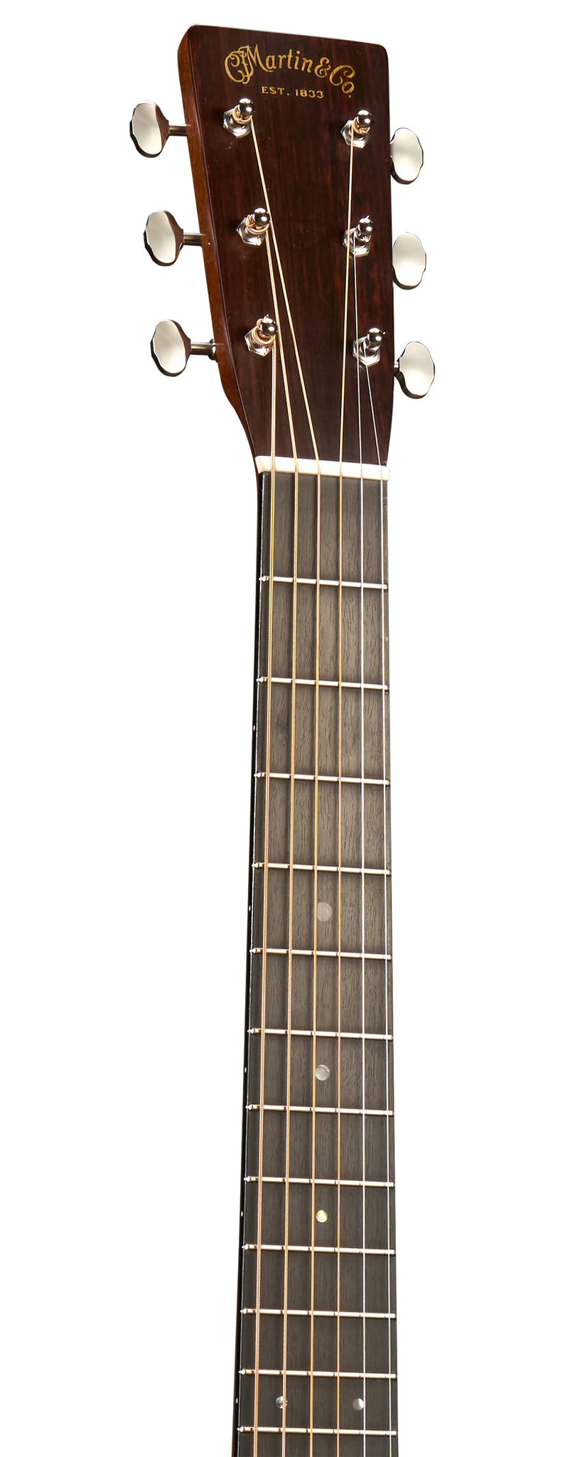 Đàn guitar acoustic Martin Custom Shop D-18 1937 Sinker Mahogany màu Aging Toner – cận đầu đàn và logo Martin