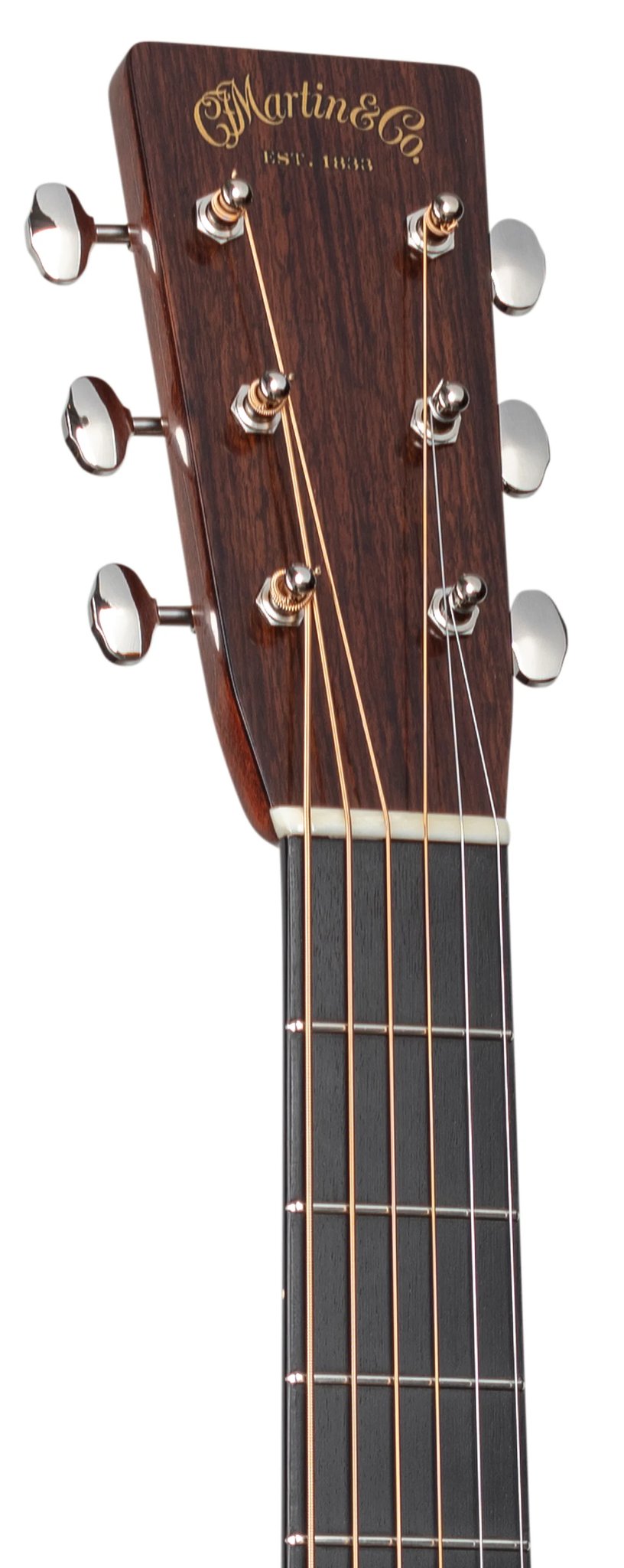 Đàn guitar acoustic Martin Custom Shop D-28 1937 bản Natural – cận đầu đàn và logo Martin