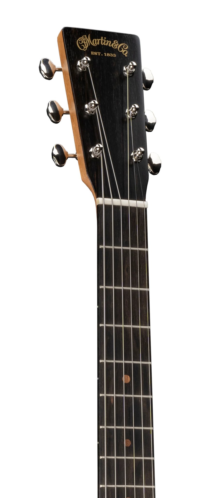 Đàn guitar acoustic Martin D Biosphere III màu Custom Ink – cận đầu đàn và logo Martin
