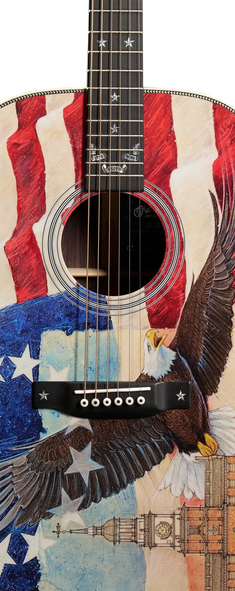 Đàn guitar acoustic Martin HD-28 Semiquincentennial màu Custom Ink Artwork – cận thùng đàn mặt trước