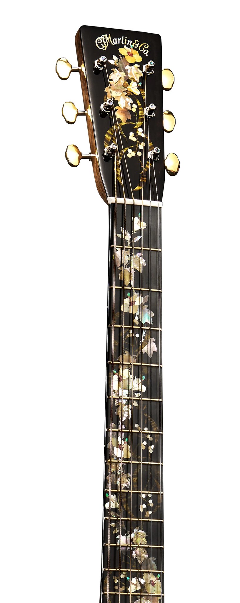 Đàn guitar acoustic Martin O'ahu K-42 Hibiscus màu Dark Toasted Burst – cận đầu đàn và logo Martin