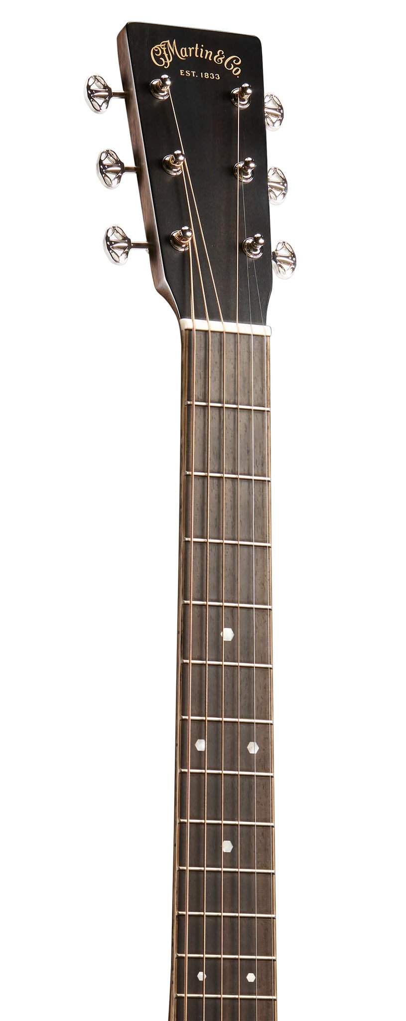 Đàn guitar acoustic Martin OM-35 Inception màu Dark Toasted Burst – cận đầu đàn và logo Martin